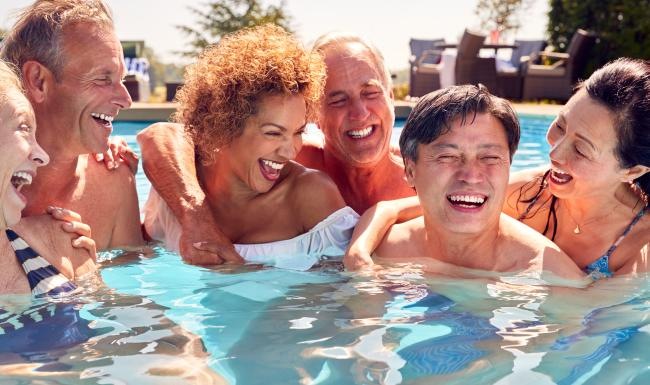 a group of people in a pool
